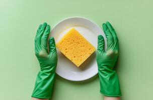 Hands in green gloves placing a bright yellow sponge on a white plate against a green background photo