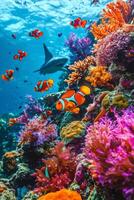 Colorful coral reef teeming with marine life in clear blue water during midday sunlight photo