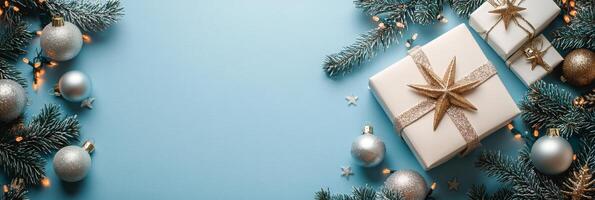 Festive Christmas gift arrangement on a blue background for holiday celebrations photo