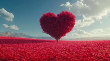 Red heart shaped tree in a vivid flower field under a bright sky during daylight photo