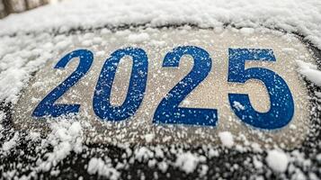 Snow covered numbers 2025 on a black surface during winter with falling snowflakes in the background photo