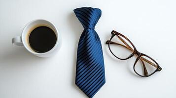 Morning coffee and office essentials arranged on a clean desk with a tie and glasses photo