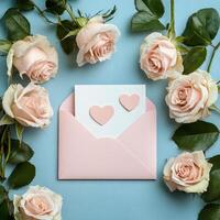 Soft pink roses and an envelope with hearts on a blue background for a thoughtful occasion photo