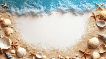 Seashells and starfish scattered along the sandy beach with gentle waves lapping in the morning sun photo
