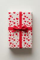 A beautifully wrapped red gift box adorned with white heart patterns on a simple background photo