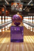 A vivid bowling ball perched atop a purple cube in a lively bowling alley during the evening photo