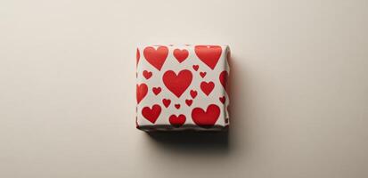 A beautifully wrapped gift with red heart patterns ready for a romantic occasion photo
