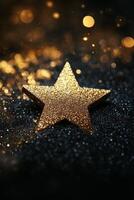 Golden star surrounded by sparkling light particles in a dark background setting photo
