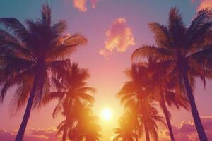 Palm trees in vibrant sunset colors illuminating the sky along a tropical beach photo