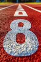 Red running track with lane number eight visible during cloudy weather photo