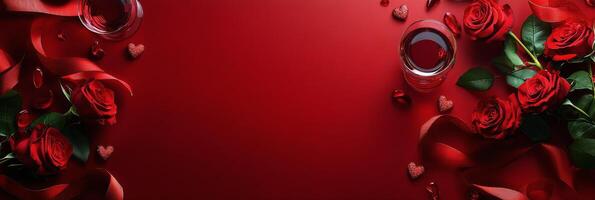 Romantic arrangement of red roses and glasses on a deep red background for a special occasion photo