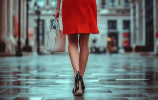 A woman walks confidently through a rain soaked street in a red dress and high heels photo