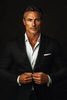 Confident man adjusting his blazer in a sophisticated pose against a dark background photo