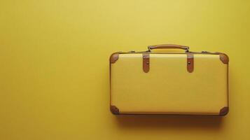 A vibrant yellow suitcase on a bright yellow background suitable for travel and adventure photo