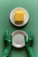 Hands in green gloves holding a white plate with a yellow sponge on a mint green background photo