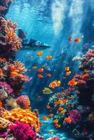 Colorful coral reef teeming with marine life in clear blue water during midday sunlight photo