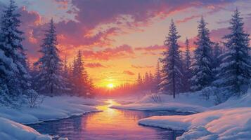A serene winter sunset over a snowy river surrounded by tall evergreen trees in a peaceful landscape photo