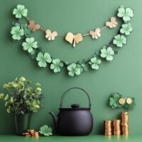 Decorative green backdrop with clovers, coins, and a pot for a festive celebration photo