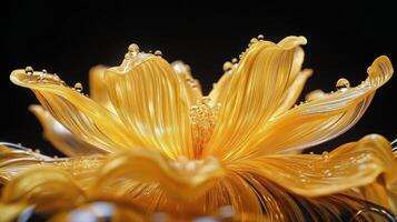 Detailed close up of a vibrant yellow flower with water droplets showcasing delicate textures photo