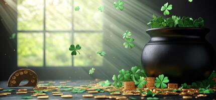 A pot of gold surrounded by shamrocks and coins on a textured green surface photo