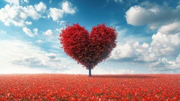 Red heart shaped tree in a vivid flower field under a bright sky during daylight photo