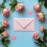 Soft pink roses and an envelope with hearts on a blue background for a thoughtful occasion photo