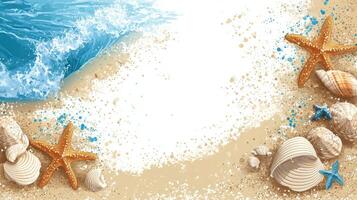 Seashells and starfish scattered along the sandy beach with gentle waves lapping in the morning sun photo