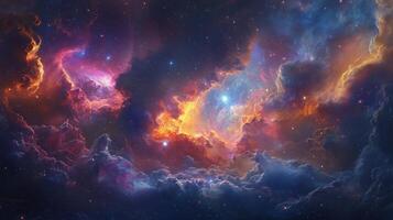 Colorful cosmic cloud formation illuminated by distant starlight in the night sky photo