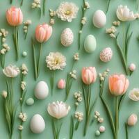 Colorful spring arrangement with tulips, eggs, and daisies on a green background during Easter photo