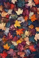 Vibrant autumn leaves in a rich palette of colors on the forest floor during the fall season photo
