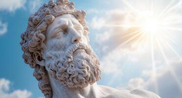 Majestic marble statue of an ancient deity against a cloudy sky photo