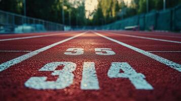 Runner on a track during sunset with a blurred focus on numbered lane markings and nature photo