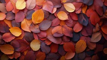 Vibrant autumn leaves covering the ground in shades of red, orange, and yellow during fall photo