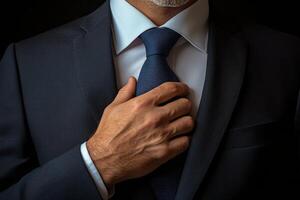 Man adjusting tie in dark setting while wearing a formal suit and crisp white shirt photo