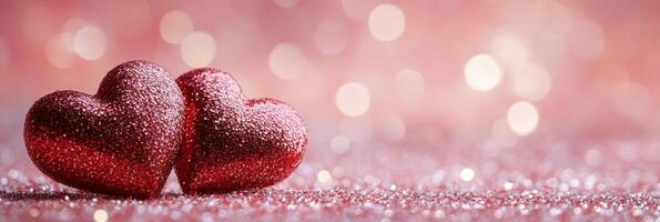 Two glittering red hearts are positioned closely on a shimmering pink surface photo