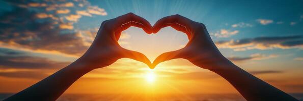 A hand forms a heart shape against the backdrop of a sunset over the ocean photo