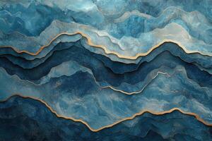 Abstract blue landscape with gold accents showcasing layered textures and depth in design photo