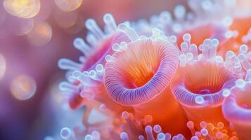 Close up view of a vibrant coral underwater, showcasing its delicate structure and colors photo