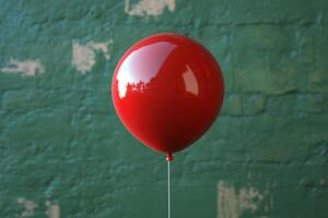 A vibrant red balloon floats against a textured green wall in a bright indoor setting photo