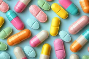 Colorful round candy pieces arranged on a light blue surface in a playful pattern photo