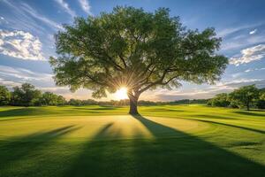 Majestic tree casting long shadows on a vibrant golf green during sunset in a serene landscape photo