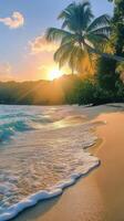 Sunrise over a tranquil beach with gentle waves and palm trees in a serene tropical setting photo