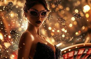 A glamorous woman in a sparkling dress poses confidently at a casino during a lively night photo