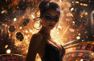 A glamorous woman in a sparkling dress poses confidently at a casino during a lively night photo