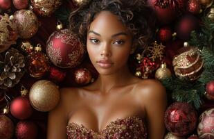 A festive celebration featuring a woman surrounded by gold and red Christmas ornaments in December photo