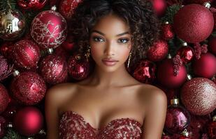 A festive celebration featuring a woman surrounded by gold and red Christmas ornaments in December photo