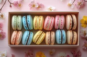 Colorful macarons arranged in a box surrounded by spring flowers for a delightful treat photo