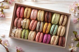 Colorful macarons arranged in a box surrounded by spring flowers for a delightful treat photo