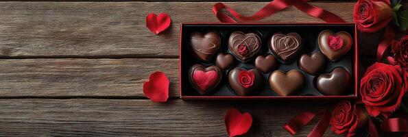 Delicious heart shaped chocolates arranged elegantly with roses on rustic wooden background photo