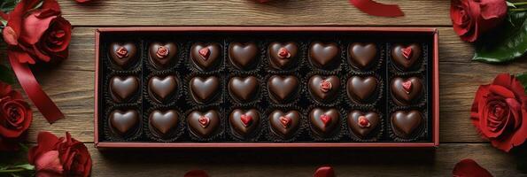Delicious heart shaped chocolates arranged elegantly with roses on rustic wooden background photo